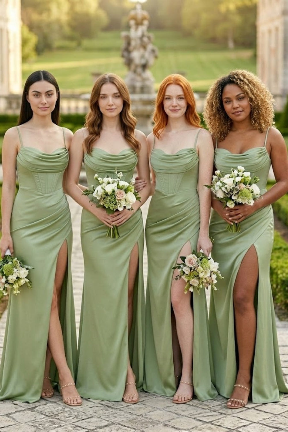 Sage Sheath V-Neck Spaghetti Straps Long Bridesmaid Dress with Slit