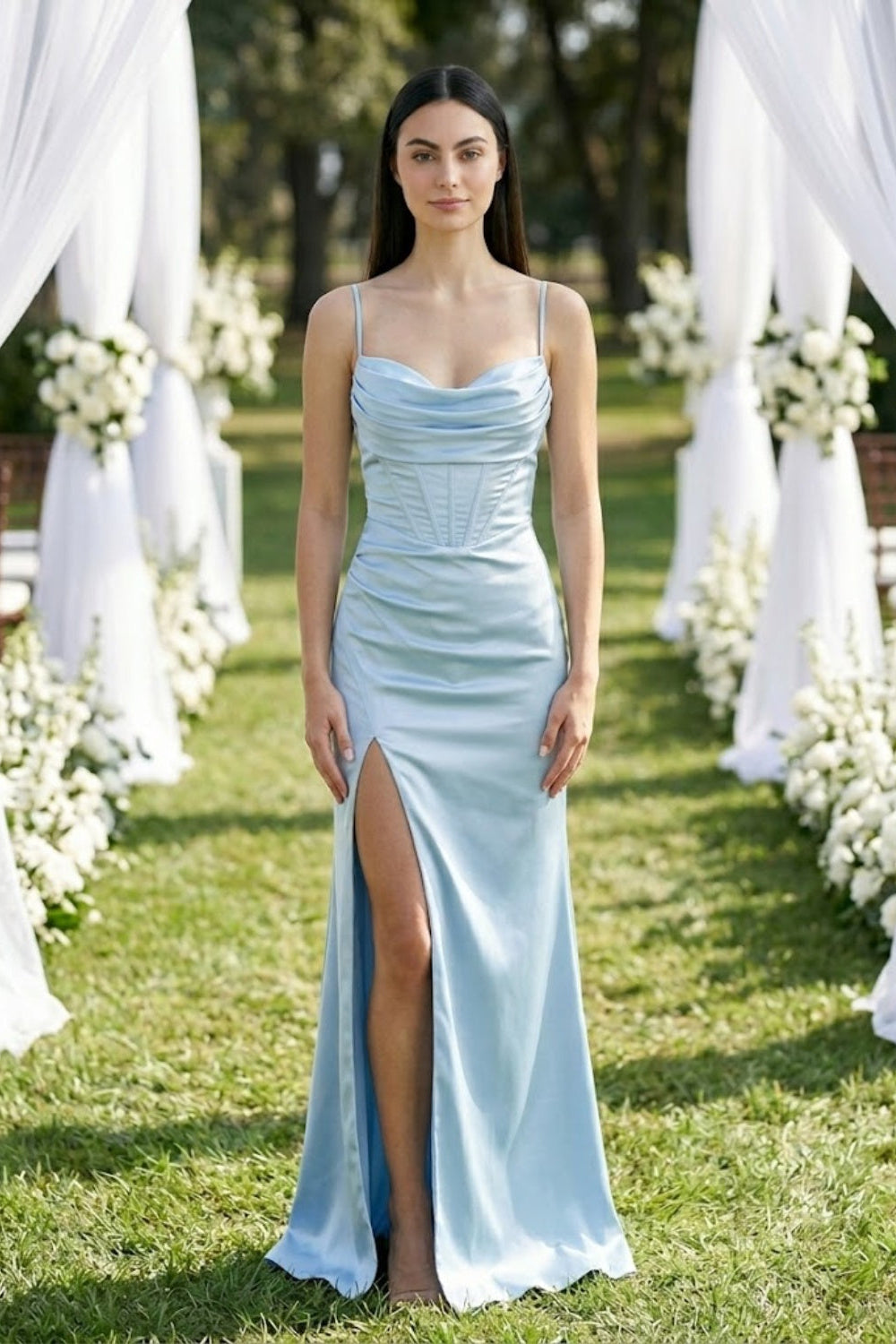 Light Blue Sheath Spaghetti Straps Long Bridesmaid Dress with Slit