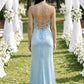 Light Blue Sheath Spaghetti Straps Long Bridesmaid Dress with Slit