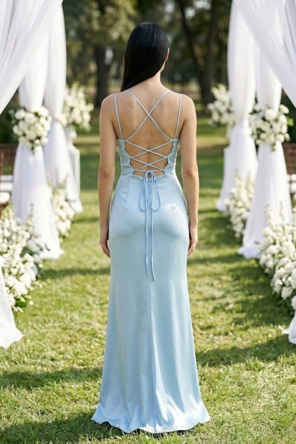 Light Blue Sheath Spaghetti Straps Long Bridesmaid Dress with Slit