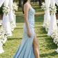 Light Blue Sheath Spaghetti Straps Long Bridesmaid Dress with Slit