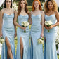 Light Blue Sheath Spaghetti Straps Long Bridesmaid Dress with Slit
