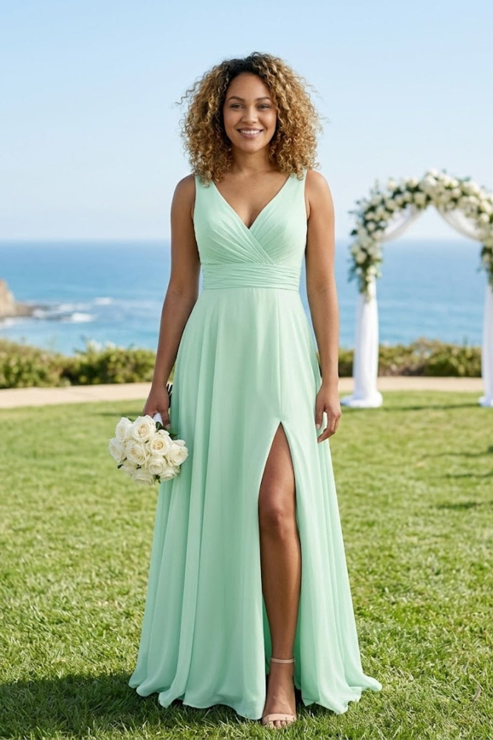 Mint Green A Line V-Neck Chiffon Long Bridesmaid Dress with Slit