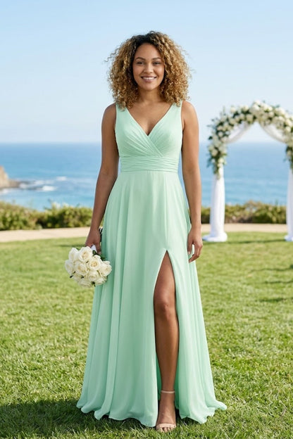 Mint Green A Line V-Neck Chiffon Long Bridesmaid Dress with Slit