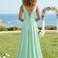 Mint Green A Line V-Neck Chiffon Long Bridesmaid Dress with Slit