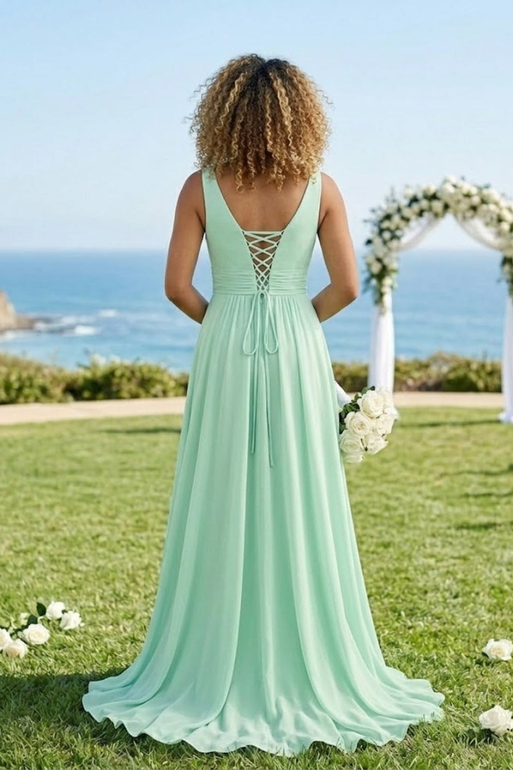 Mint Green A Line V-Neck Chiffon Long Bridesmaid Dress with Slit