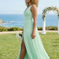 Mint Green A Line V-Neck Chiffon Long Bridesmaid Dress with Slit