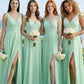 Mint Green A Line V-Neck Chiffon Long Bridesmaid Dress with Slit