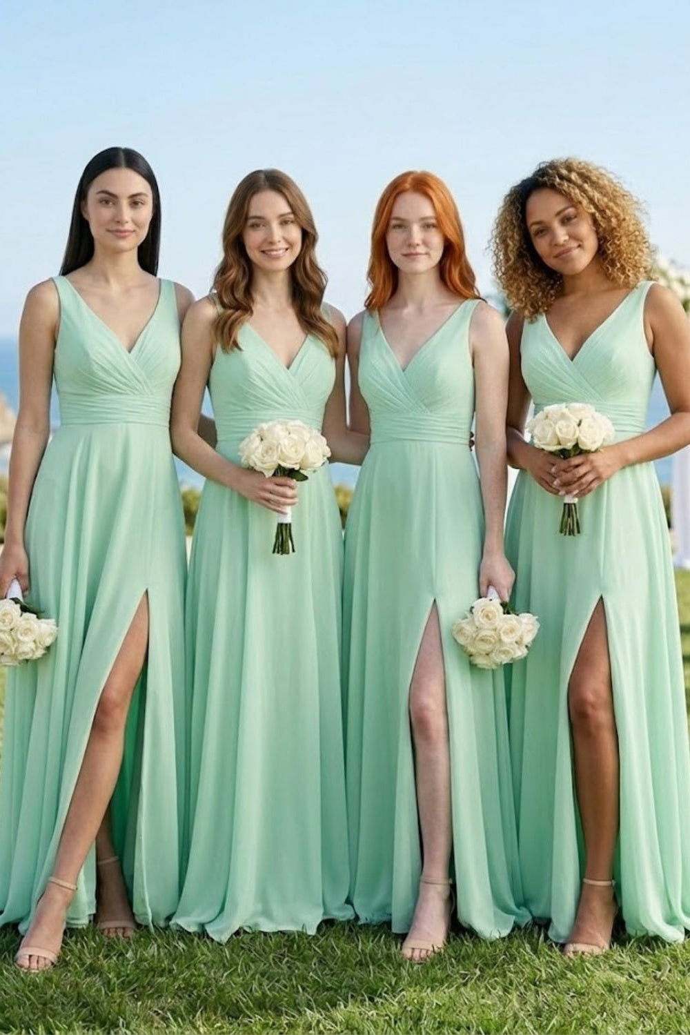 Mint Green A Line V-Neck Chiffon Long Bridesmaid Dress with Slit