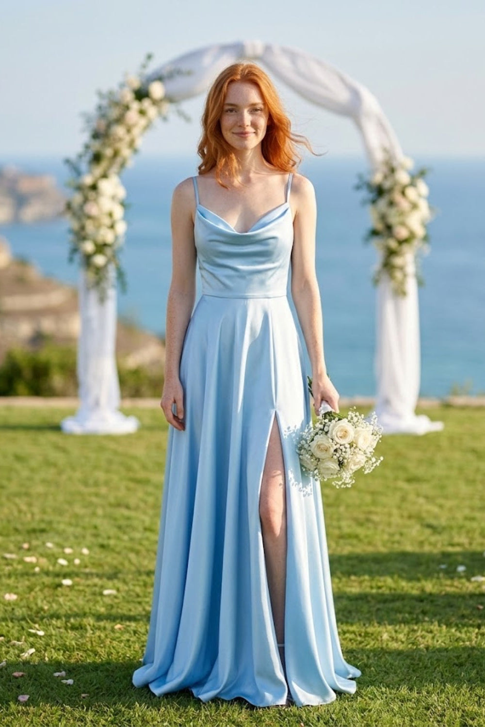 Light Blue A Line Spaghetti Straps Long Stain Bridesmaid Dress with Slit