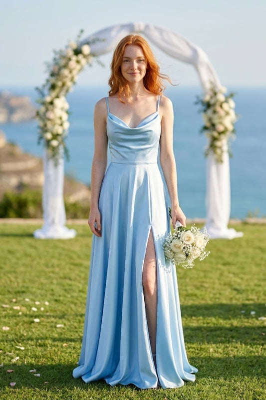 Light Blue A Line Spaghetti Straps Long Stain Bridesmaid Dress with Slit