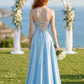 Light Blue A Line Spaghetti Straps Long Stain Bridesmaid Dress with Slit
