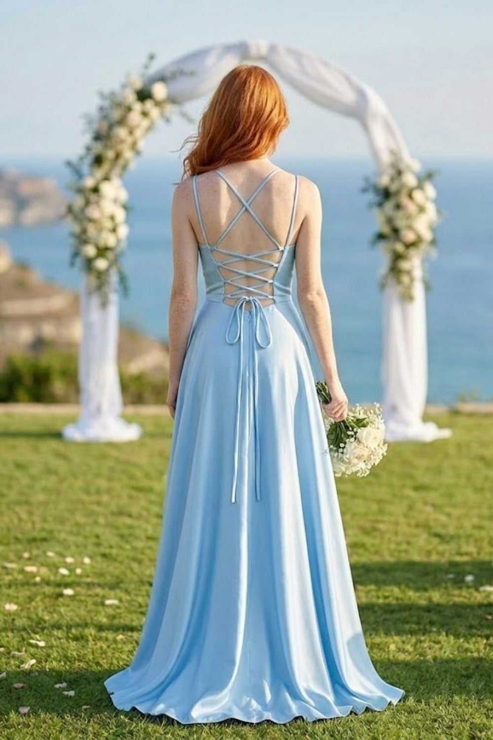 Light Blue A Line Spaghetti Straps Long Stain Bridesmaid Dress with Slit