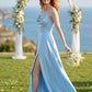 Light Blue A Line Spaghetti Straps Long Stain Bridesmaid Dress with Slit