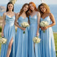 Light Blue A Line Spaghetti Straps Long Stain Bridesmaid Dress with Slit