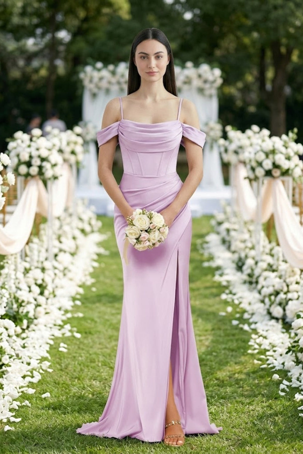 Mauve Sheath Cold Shoulder Long Bridesmaid Dress with Slit