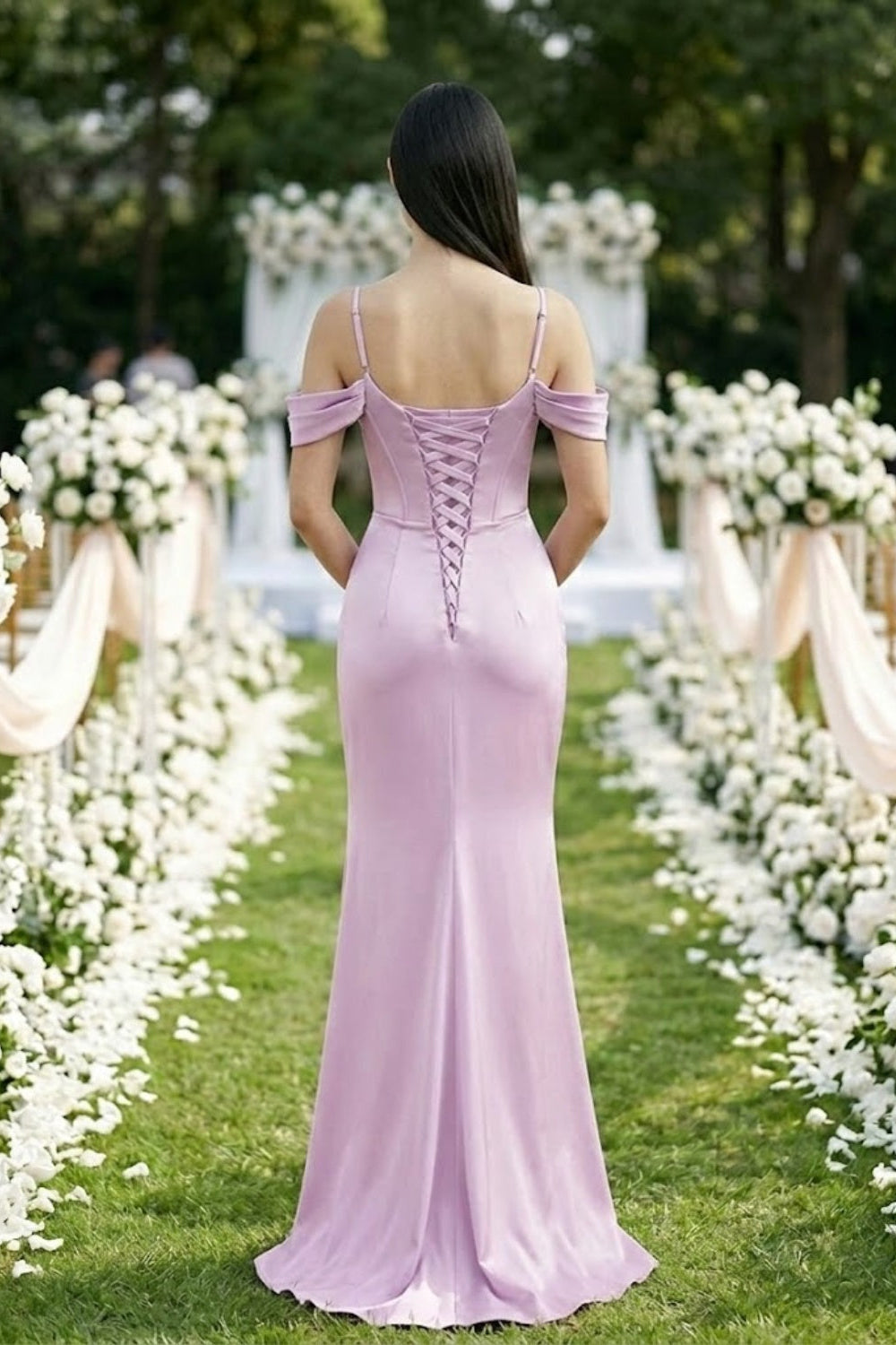 Mauve Sheath Cold Shoulder Long Bridesmaid Dress with Slit