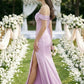 Mauve Sheath Cold Shoulder Long Bridesmaid Dress with Slit