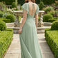 Sage A Line Square Neck Long Chiffon Bridesmaid Dress with Slit