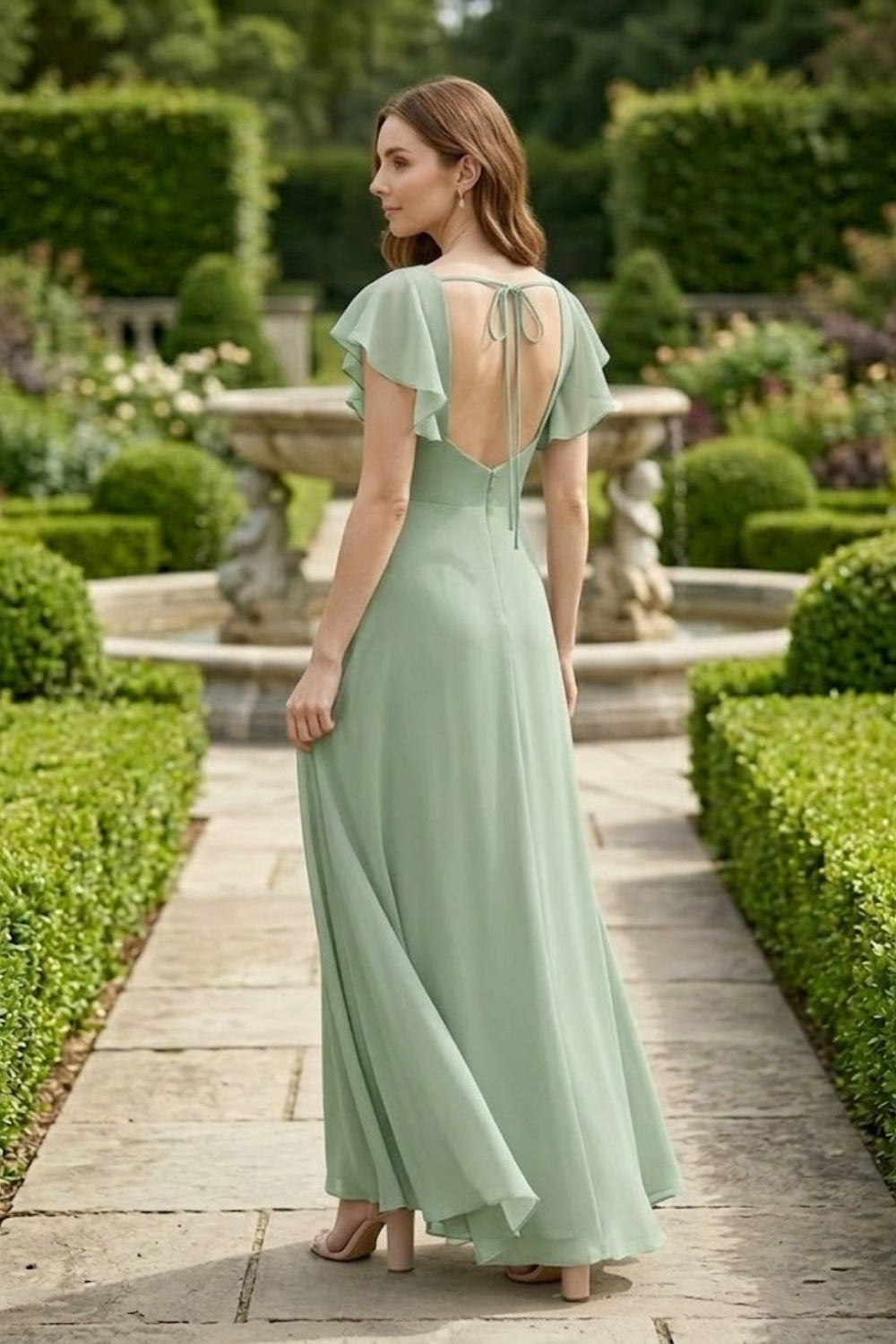Sage A Line Square Neck Long Chiffon Bridesmaid Dress with Slit