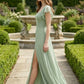 Sage A Line Square Neck Long Chiffon Bridesmaid Dress with Slit