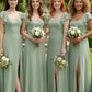 Sage A Line Square Neck Long Chiffon Bridesmaid Dress with Slit