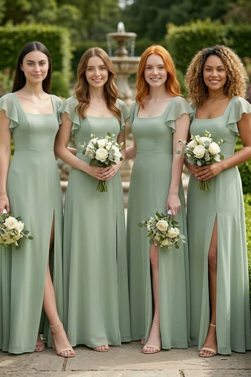 Sage A Line Square Neck Long Chiffon Bridesmaid Dress with Slit