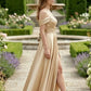 Champagne A Line Off the Shoulder Long Bridesmaid Dress with Slit