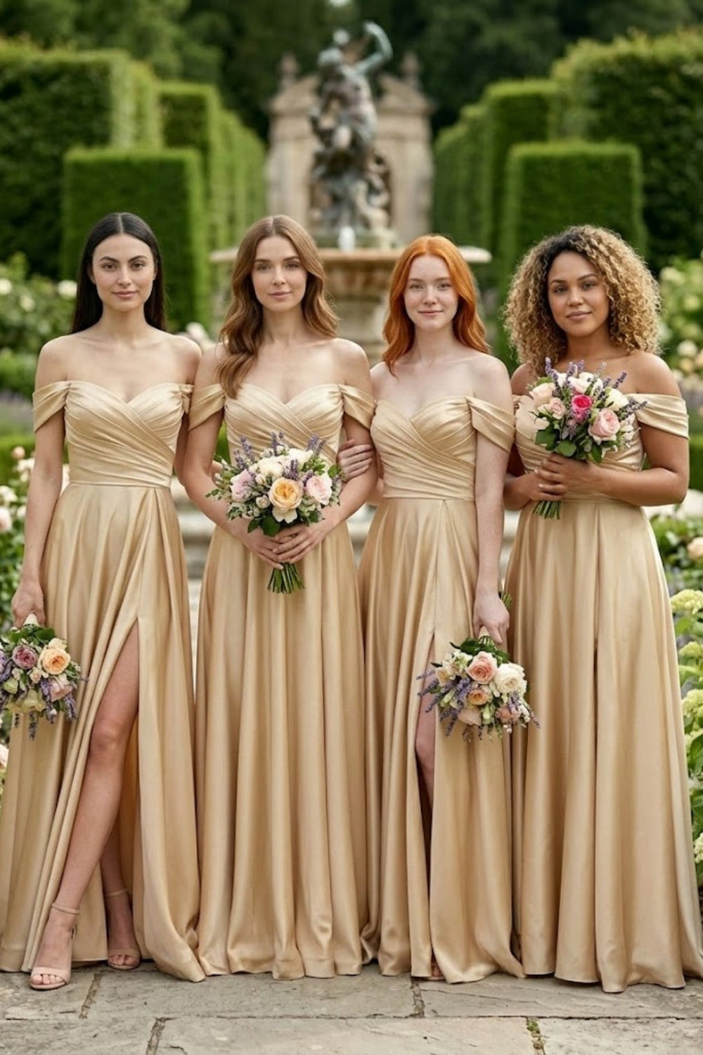 Champagne A Line Off the Shoulder Long Bridesmaid Dress with Slit