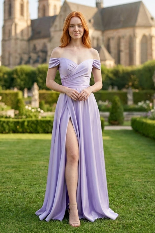 Light Purple A Line Off the Shoulder Long Bridesmaid Dress with Slit