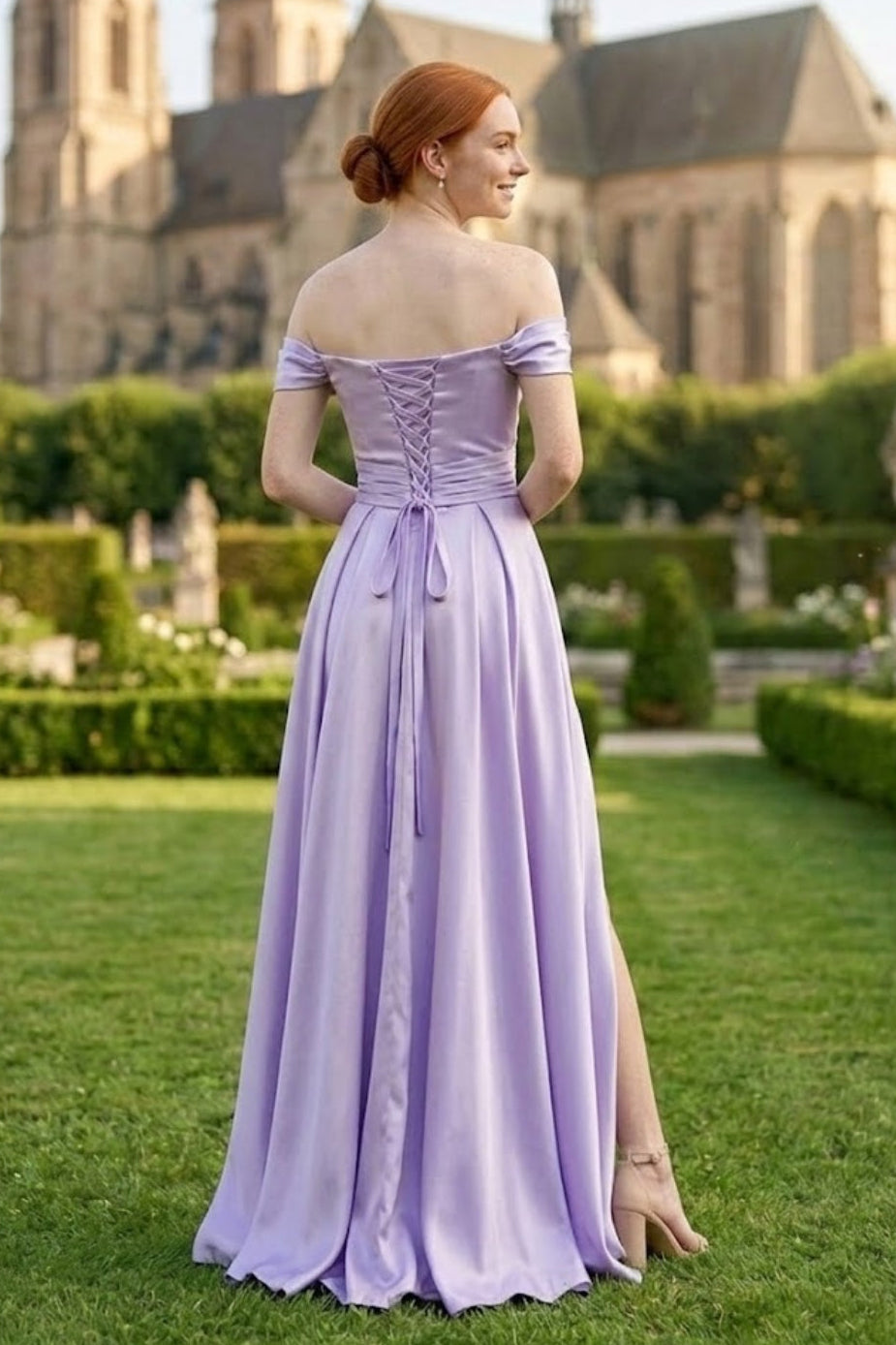 Light Purple A Line Off the Shoulder Long Bridesmaid Dress with Slit