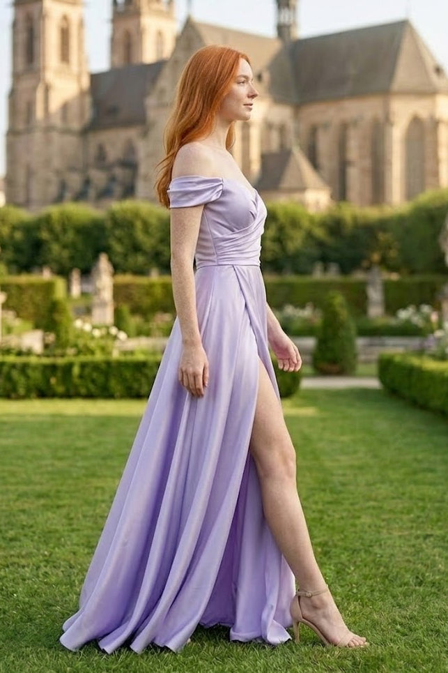 Light Purple A Line Off the Shoulder Long Bridesmaid Dress with Slit