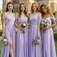 Light Purple A Line Off the Shoulder Long Bridesmaid Dress with Slit