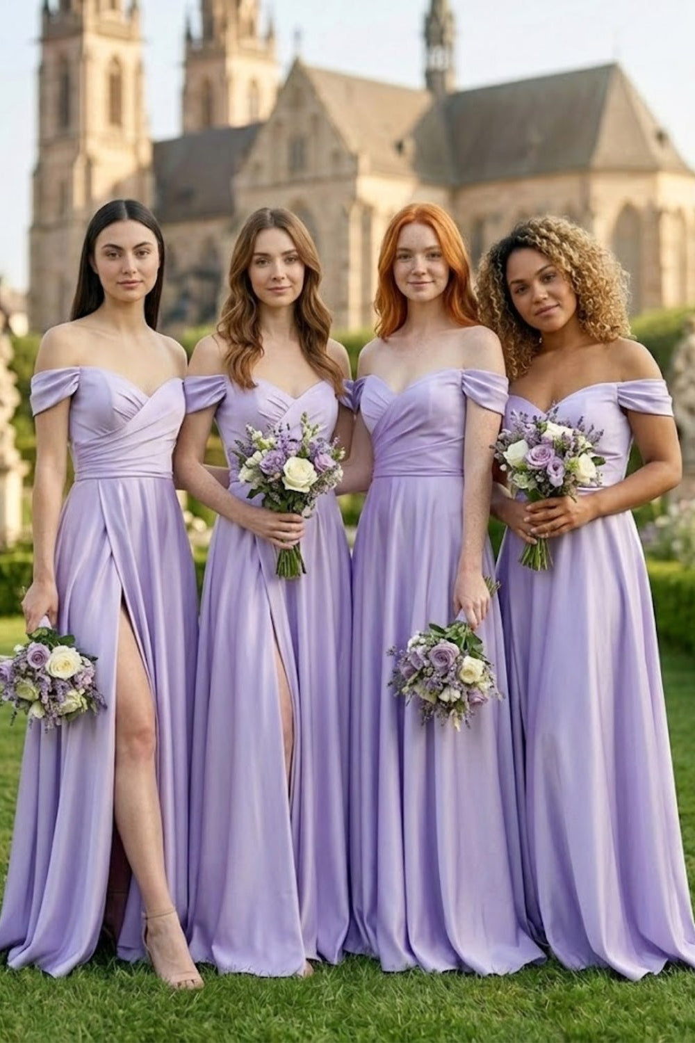Light Purple A Line Off the Shoulder Long Bridesmaid Dress with Slit