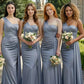 Grey Sheath One Shoulder Long Bridesmaid Dress with Side Cape