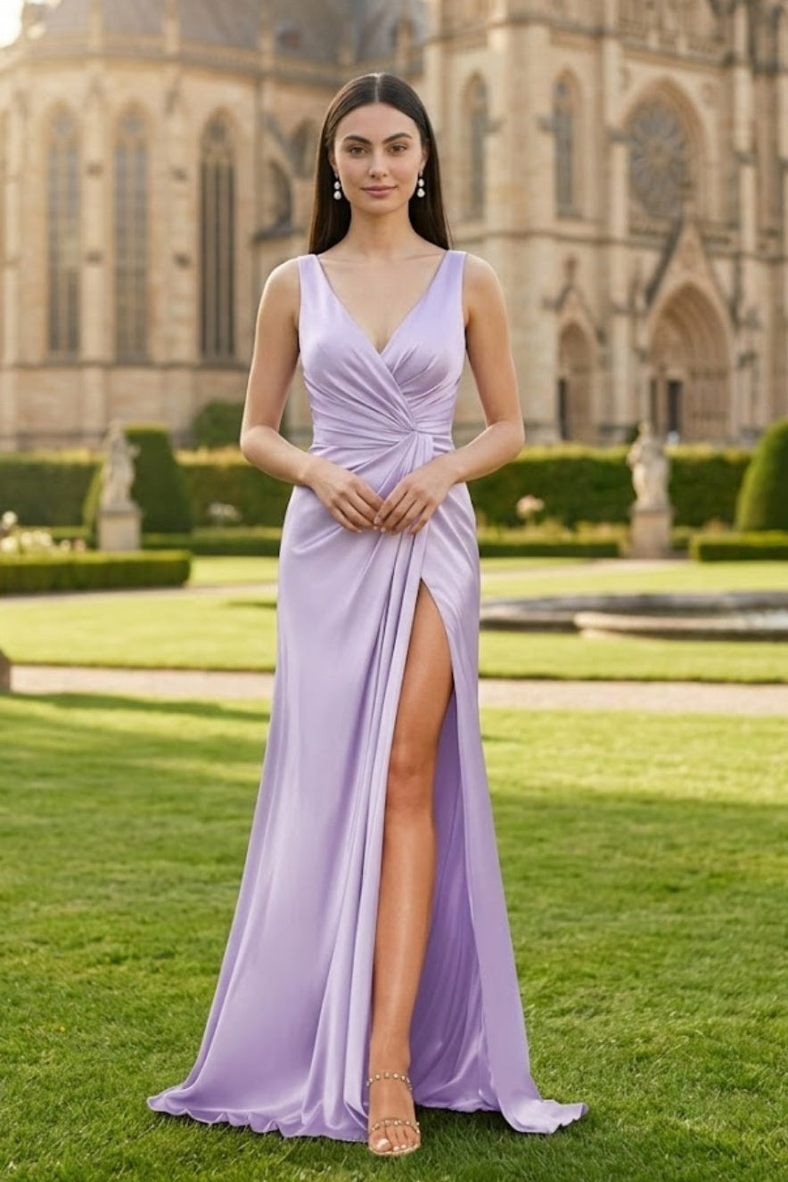 Lavender Sheath V-Neck Long Bridesmaid Dress with Slit
