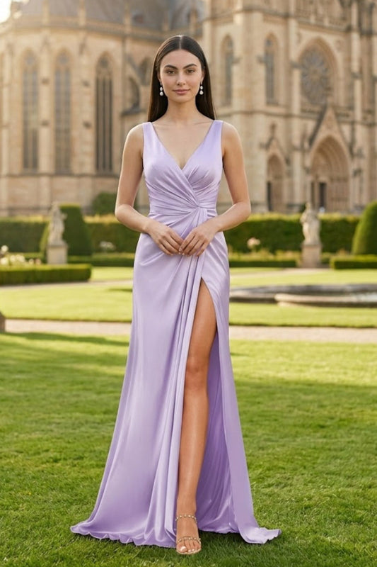 Lavender Sheath V-Neck Long Bridesmaid Dress with Slit
