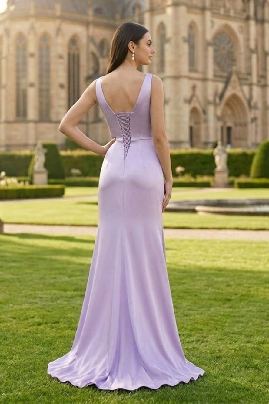 Lavender Sheath V-Neck Long Bridesmaid Dress with Slit