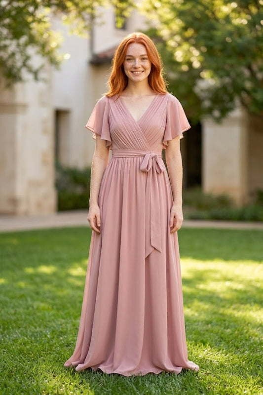Dusty Pink A Line V-Neck Long Chiffon Bridesmaid Dress with Sash