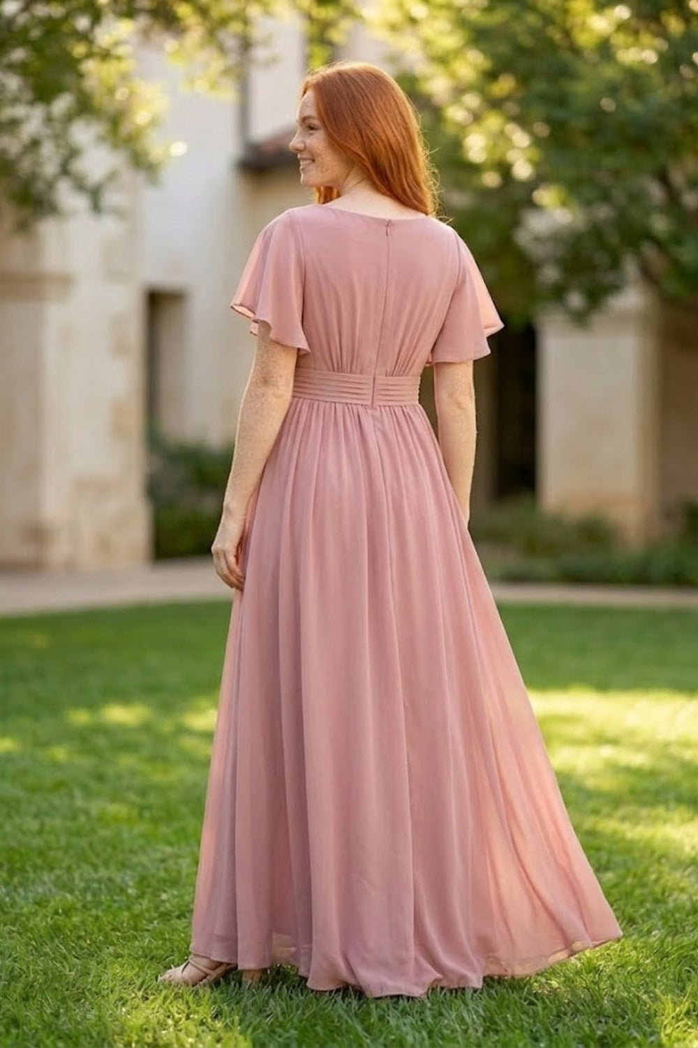 Dusty Pink A Line V-Neck Long Chiffon Bridesmaid Dress with Sash