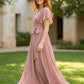 Dusty Pink A Line V-Neck Long Chiffon Bridesmaid Dress with Sash