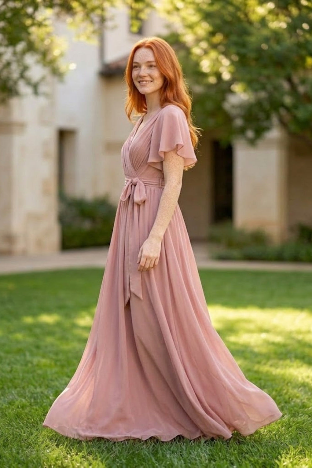 Dusty Pink A Line V-Neck Long Chiffon Bridesmaid Dress with Sash