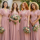 Dusty Pink A Line V-Neck Long Chiffon Bridesmaid Dress with Sash