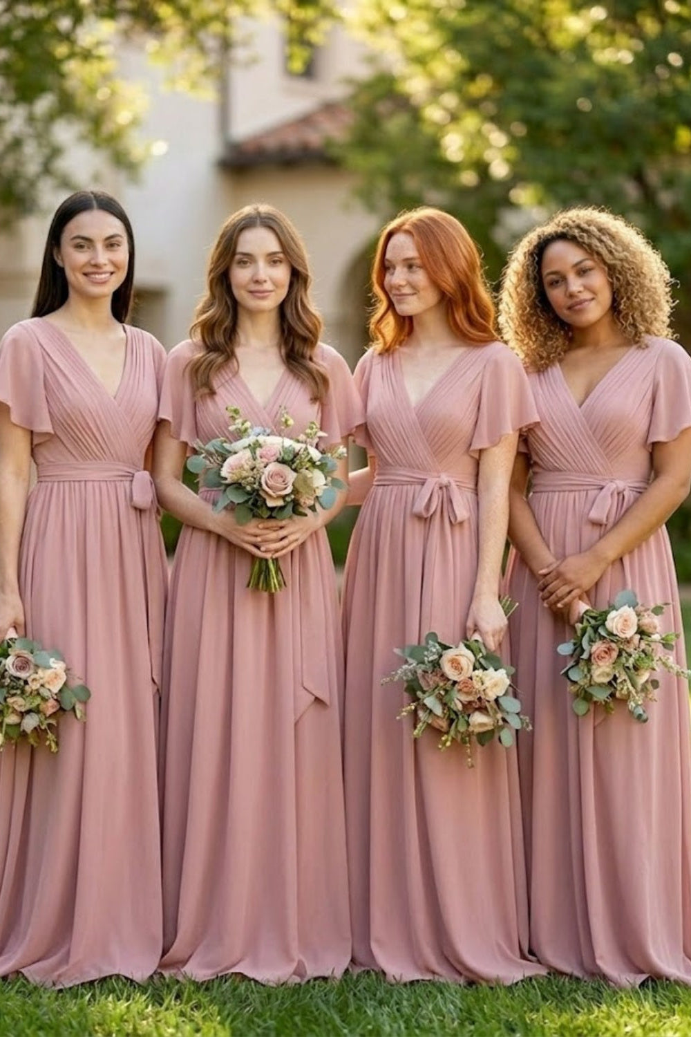 Dusty Pink A Line V-Neck Long Chiffon Bridesmaid Dress with Sash