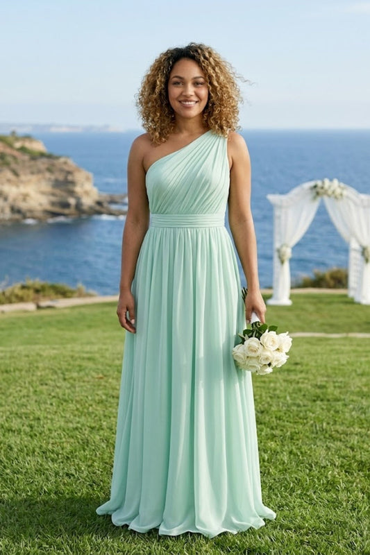 Mint Green A Line One Shoulder Long Chiffon Bridesmaid Dress