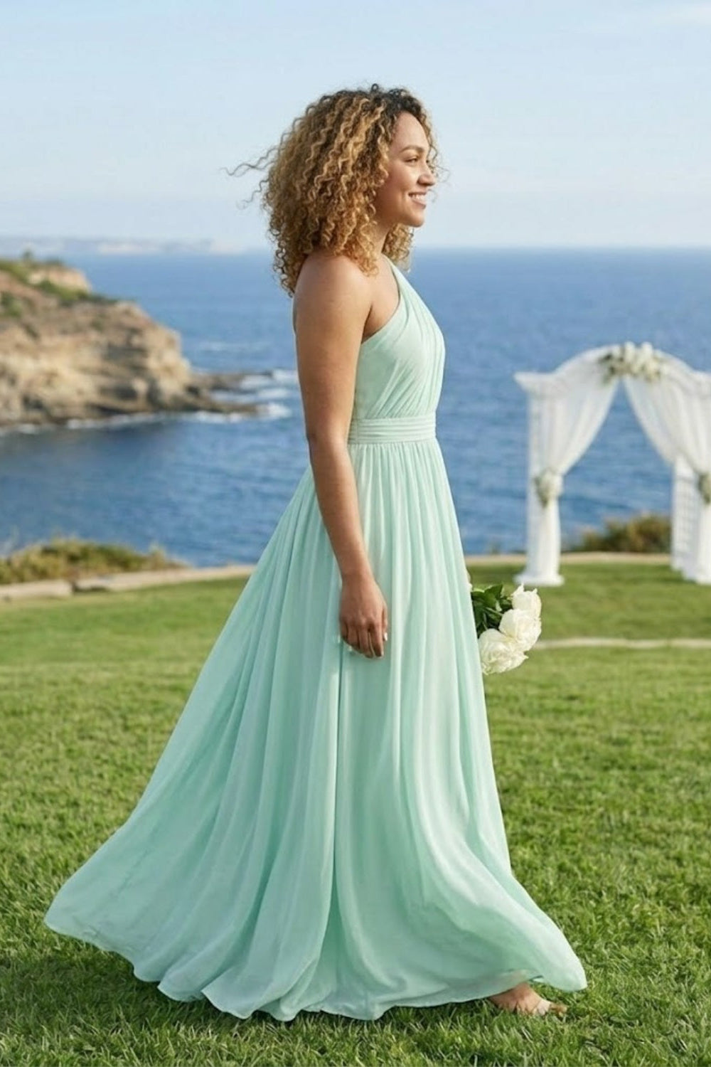 Mint Green A Line One Shoulder Long Chiffon Bridesmaid Dress