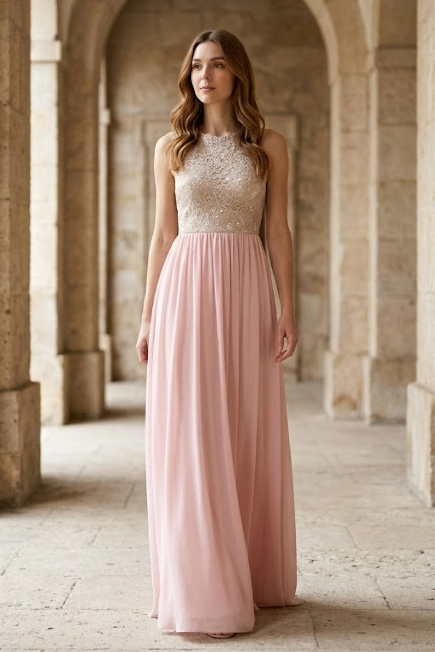 Pink A Line Round Neck Long Bridesmaid Dress with Appliques