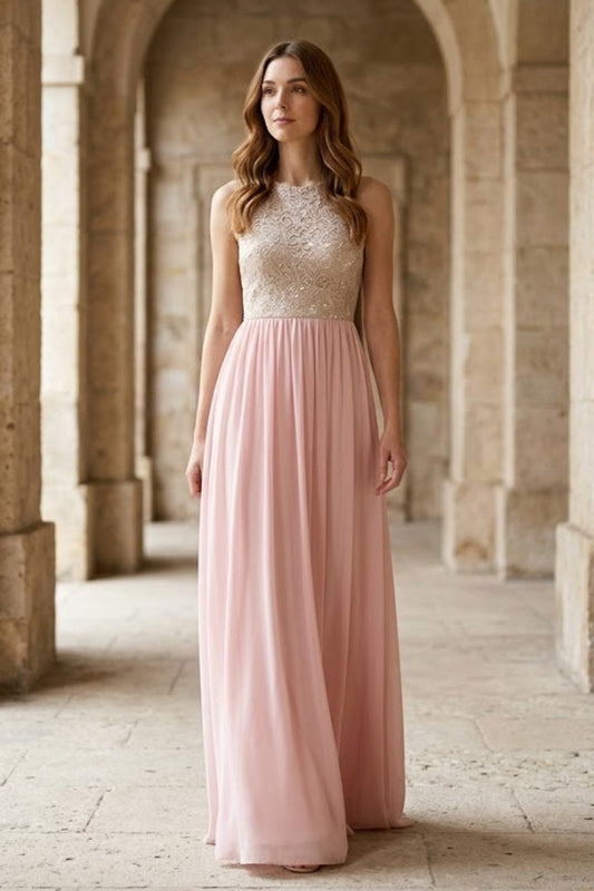 Pink A Line Round Neck Long Bridesmaid Dress with Appliques