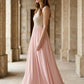 Pink A Line Round Neck Long Bridesmaid Dress with Appliques