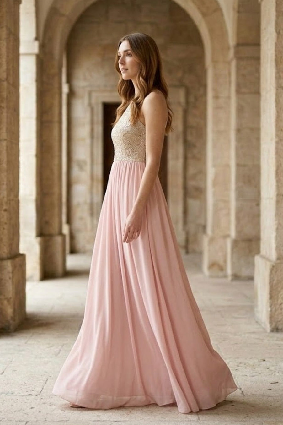 Pink A Line Round Neck Long Bridesmaid Dress with Appliques